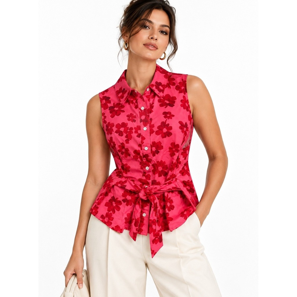 CeCe Seanna Tie Waist Blouse Pink Red Floral Sleeveless Button Front Top Large